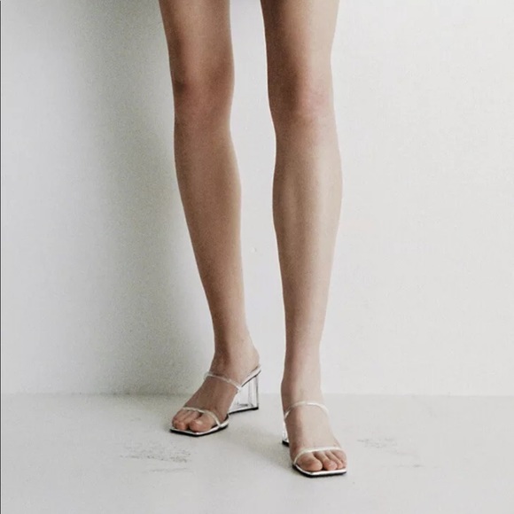 Zara Metallic Silver, Clear Double Strap Wedge Sandals - Picture 6 of 9